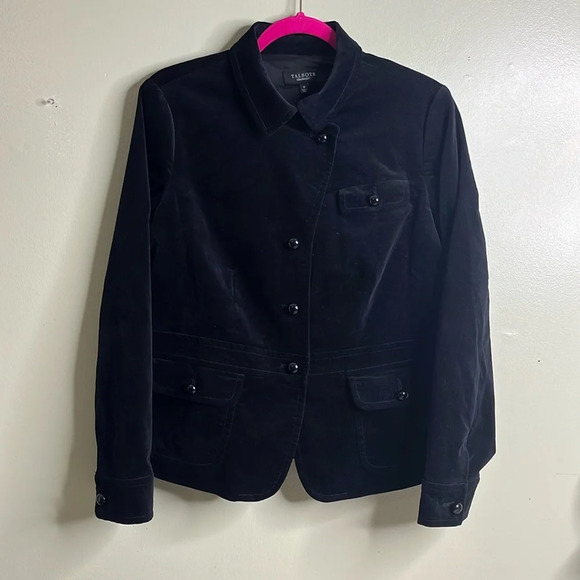 Talbots Velvet Black Ruffle Accent back Long Sleeve bubble buttons Blazer Jacket - Picture 6 of 17